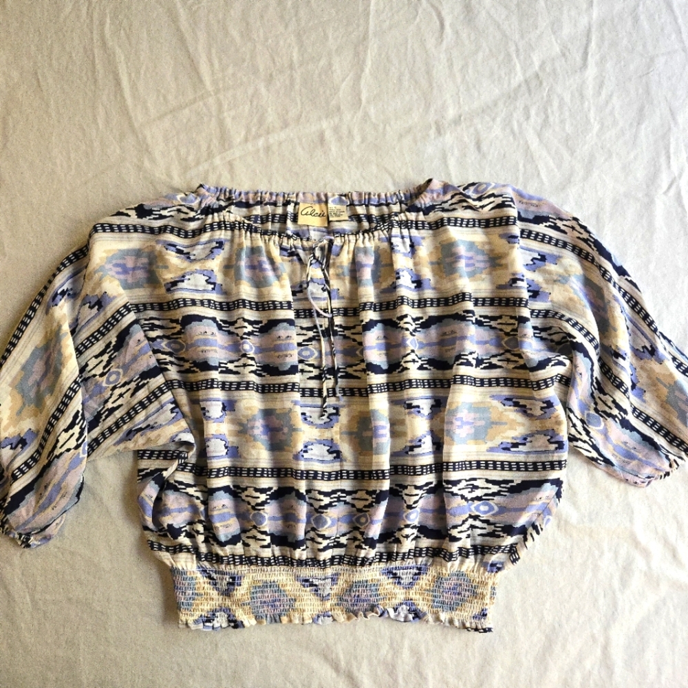 Alcee Southwestern Boho 100% Silk Blouse Smocked Waist Tie Neck
